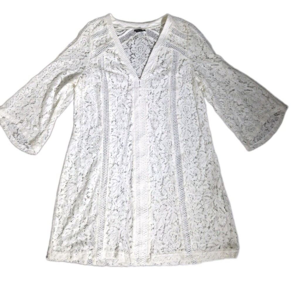 City Chic Ivory Floral Lace Bell Sleeve Shift Dress Sheer Plus Size M 18 GUC